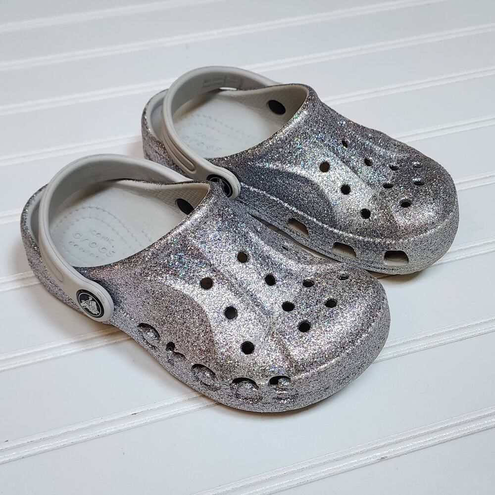 Crocs Kids Baya Silver Glitter Clogs Sandals Size 11 Toddler Kids